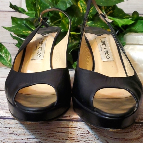 Jimmy Choo Black Leather Peeptoe Slingback Heels - Picture 8 of 16